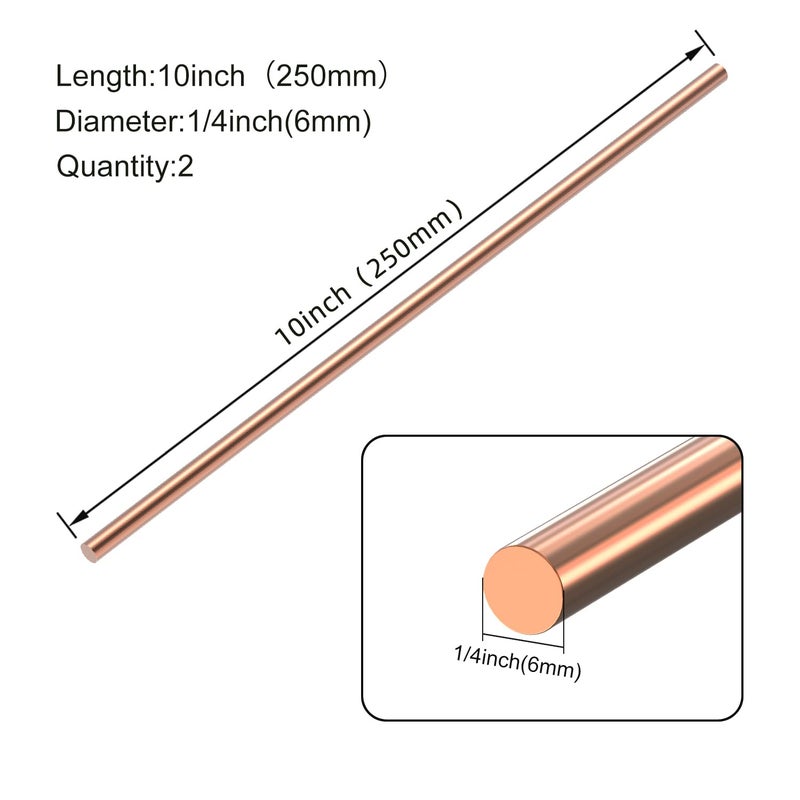 KWOKWEI قطعتان من قضبان النحاس النقي المستديرة، قطر 1/4" (6 مم) قضيب نحاسي صلب، طول 10" (250 مم) قضيب معدني عاري، قضيب نحاسي لآلة الخراطة لصناعة المعادن - Image 2